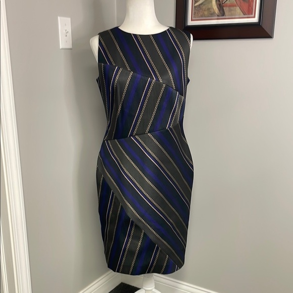 BOSS Hugo Boss Delmira Sheath Dress Cotton Blend Asymmetric Stripes Purple Blue - Picture 1 of 10